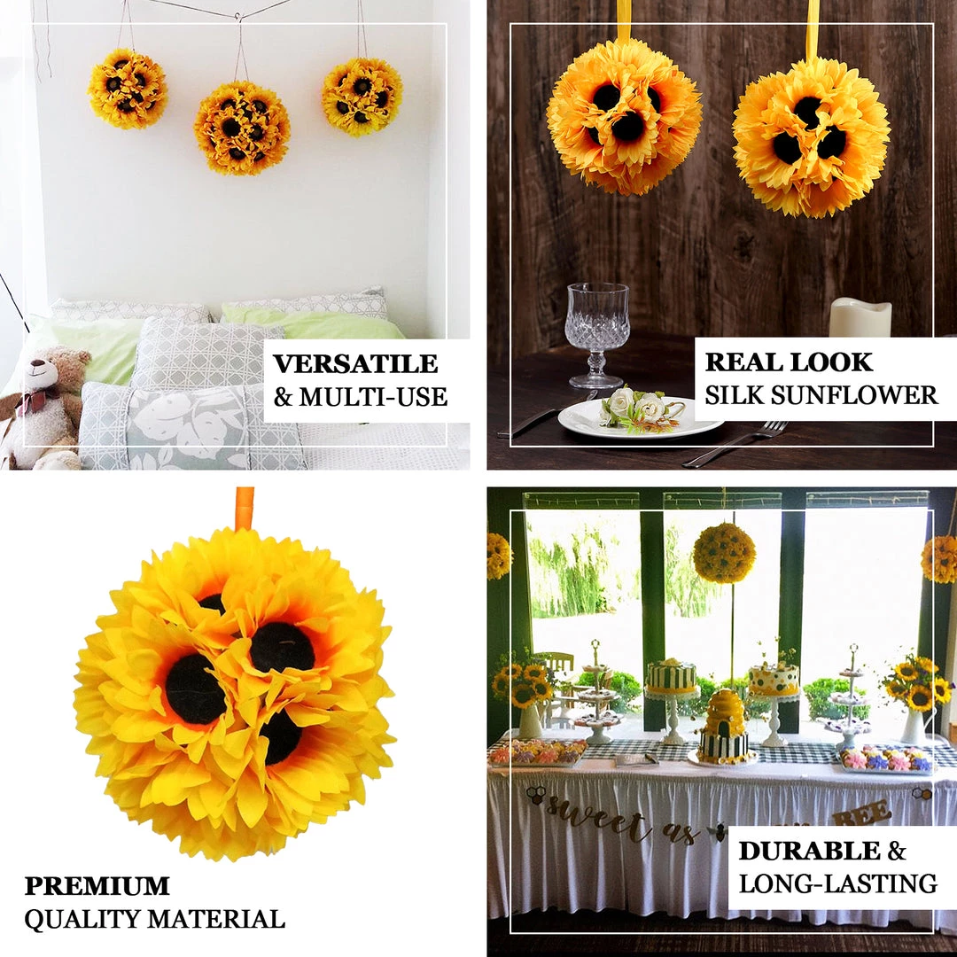 HIER_1500 2 Pack | 7" Artificial Silk Hanging Sunflower Kissing Ball With Satin Ribbon 4 HIER_1500 2 Pack | 7" Artificial Silk Hanging Sunflower Kissing Ball With Satin Ribbon