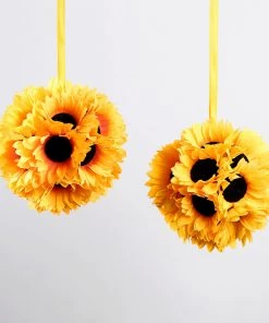 HIER_1500 2 Pack | 7" Artificial Silk Hanging Sunflower Kissing Ball With Satin Ribbon