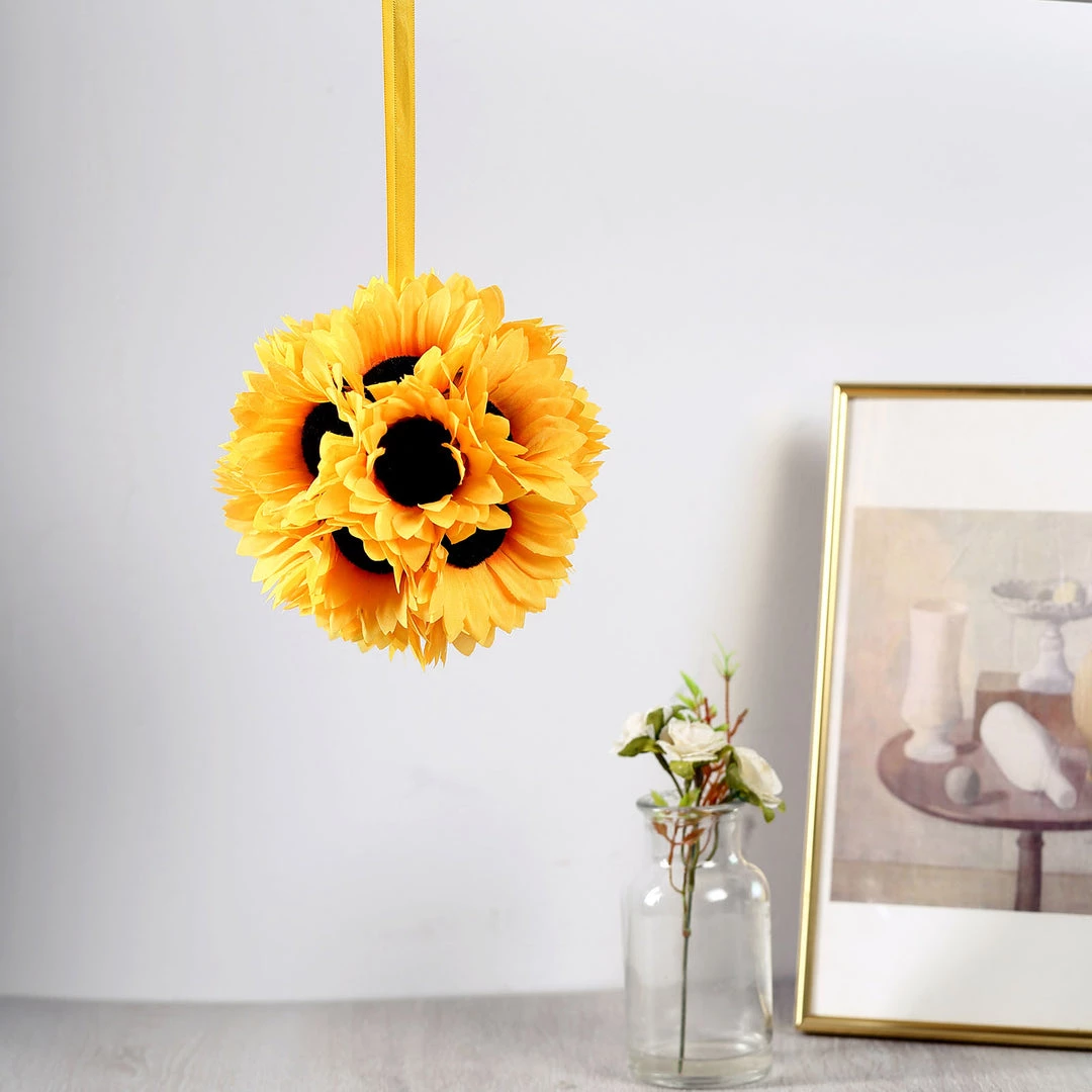 HIER_1500 2 Pack | 7" Artificial Silk Hanging Sunflower Kissing Ball With Satin Ribbon 8 HIER_1500 2 Pack | 7" Artificial Silk Hanging Sunflower Kissing Ball With Satin Ribbon