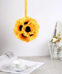 HIER_1500 2 Pack | 7" Artificial Silk Hanging Sunflower Kissing Ball With Satin Ribbon 20 HIER_1500 2 Pack | 7