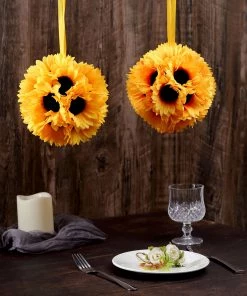 HIER_1500 2 Pack | 7" Artificial Silk Hanging Sunflower Kissing Ball With Satin Ribbon
