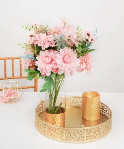 HIER_1160 2 Bushes | Blush/Blue Artificial Silk Dahlia Flower Bouquet Spray Chargers & Centerpieces