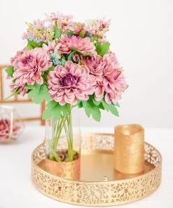 HIER_1160 Chargers & Centerpieces 2 Bushes | Dusty Rose/Blue Artificial Silk Dahlia Flower Bouquet Spray