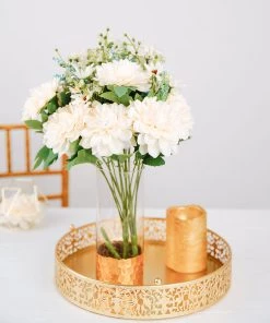 HIER_1160 Chargers & Centerpieces 2 Bushes | Ivory/Blue Artificial Silk Dahlia Flower Bouquet Spray