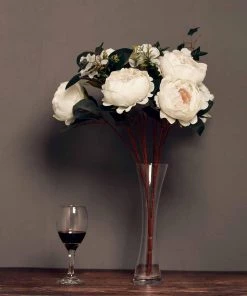 HIER_1300 2 Bush | Ivory Artificial Silk Peony, Rose & Hydrangea Flower Bouquet Chargers & Centerpieces