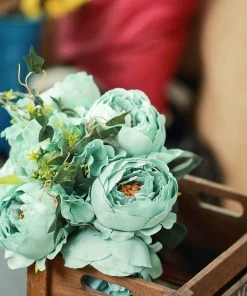 HIER_1300 2 Bush | Turquoise Artificial Silk Peony, Rose & Hydrangea Flower Bouquet Chargers & Centerpieces