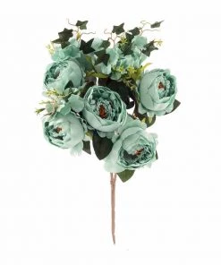HIER_1300 2 Bush | Turquoise Artificial Silk Peony, Rose & Hydrangea Flower Bouquet Chargers & Centerpieces