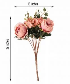 HIER_1300 Chargers & Centerpieces 2 Bush | Blush/Dusty Rose Artificial Silk Peony, Rose & Hydrangea Flower Bouquet