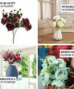 HIER_1300 2 Bush | Turquoise Artificial Silk Peony, Rose & Hydrangea Flower Bouquet Chargers & Centerpieces