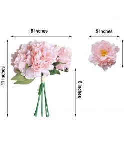HIER_1400 5 Flower Head Bouquet | Pink Artificial Silk Peonies Spray Bush Artificial Peony