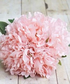 HIER_1400 5 Flower Head Bouquet | Pink Artificial Silk Peonies Spray Bush Artificial Peony