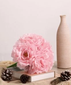 HIER_1400 5 Flower Head Bouquet | Pink Artificial Silk Peonies Spray Bush Artificial Peony