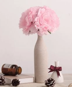 HIER_1400 5 Flower Head Bouquet | Pink Artificial Silk Peonies Spray Bush Artificial Peony