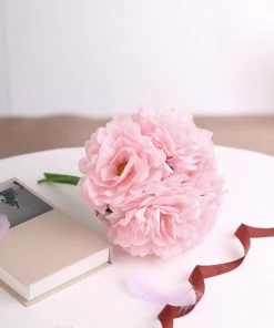 HIER_1400 5 Flower Head Bouquet | Pink Artificial Silk Peonies Spray Bush Artificial Peony