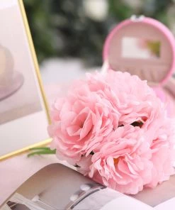 HIER_1400 5 Flower Head Bouquet | Pink Artificial Silk Peonies Spray Bush Artificial Peony