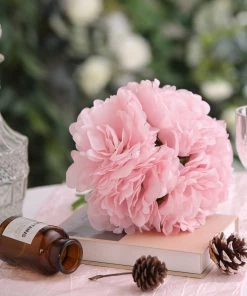 HIER_1400 5 Flower Head Bouquet | Pink Artificial Silk Peonies Spray Bush Artificial Peony