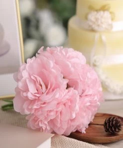 HIER_1400 5 Flower Head Bouquet | Pink Artificial Silk Peonies Spray Bush Artificial Peony