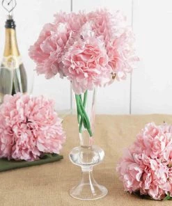 HIER_1400 5 Flower Head Bouquet | Pink Artificial Silk Peonies Spray Bush Artificial Peony