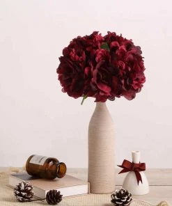 HIER_1300 5 Flower Head Bouquet | Burgundy Artificial Silk Peonies Spray Bush