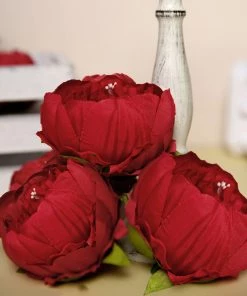HIER_1130 10 Pack | 3" Red Artificial Silk DIY Craft Peony Flower Heads