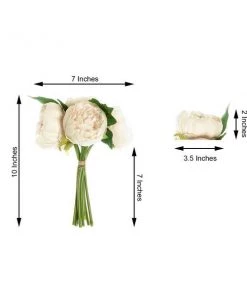 HIER_1130 Artificial Peony 5 Flower Head Beige Peony Bouquet | Artificial Silk Peonies Spray