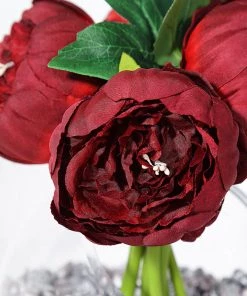 HIER_1300 5 Flower Head Burgundy Peony Bouquet | Artificial Silk Peonies Spray
