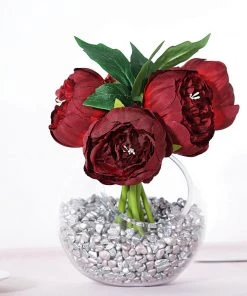HIER_1300 5 Flower Head Burgundy Peony Bouquet | Artificial Silk Peonies Spray