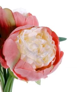 HIER_1130 Artificial Peony 5 Flower Head Coral/Cream Peony Bouquet | Artificial Silk Peonies Spray