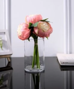 HIER_1130 Artificial Peony 5 Flower Head Coral/Cream Peony Bouquet | Artificial Silk Peonies Spray