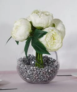 HIER_1300 5 Flower Head Cream Peony Bouquet | Artificial Silk Peonies Spray Artificial Peony