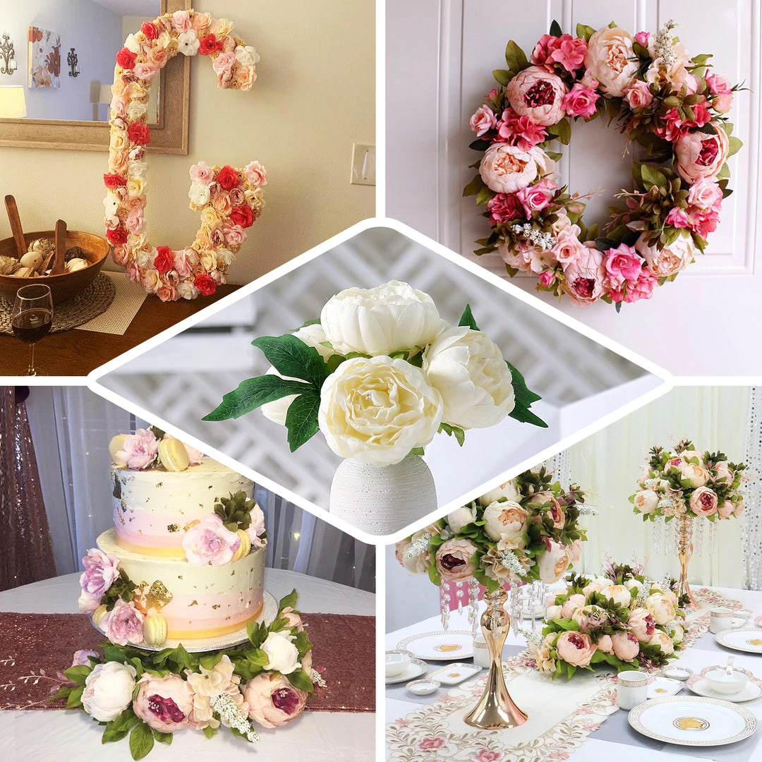 HIER_1130 5 Flower Head Peach Peony Bouquet | Artificial Silk Peonies Spray 5 HIER_1130 5 Flower Head Peach Peony Bouquet | Artificial Silk Peonies Spray