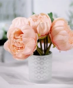 HIER_1130 5 Flower Head Peach Peony Bouquet | Artificial Silk Peonies Spray 24 HIER_1130 5 Flower Head Peach Peony Bouquet | Artificial Silk Peonies Spray