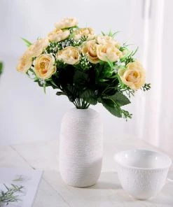 HIER_1130 4 Bushes | Cream Artificial Silk Peony Flower Bouquet Arrangement