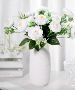 HIER_1130 Chargers & Centerpieces 4 Bushes | White Artificial Silk Peony Flower Bouquet Arrangement