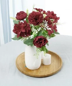HIER_1130 Chargers & Centerpieces 2 Bouquets | Burgundy Artificial Silk Peony Flower Bush Arrangement