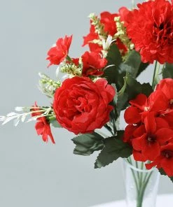 HIER_1130 Chargers & Centerpieces 2 Bouquets | Red Artificial Silk Peony Flower Bush Arrangement