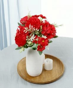 HIER_1130 Chargers & Centerpieces 2 Bouquets | Red Artificial Silk Peony Flower Bush Arrangement