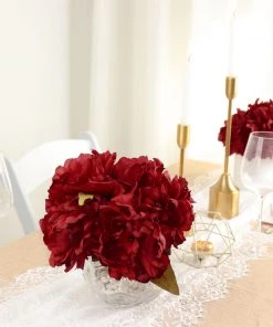 HIER_1130 2 Bushes | 17" Burgundy Artificial Silk Peony Flower Bouquets, Real Touch Peonies Spray Artificial Peony 27 HIER_1130 2 Bushes | 17