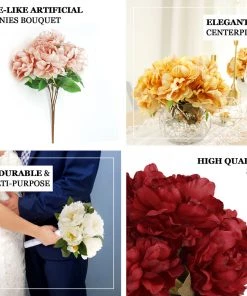 HIER_1130 2 Bushes | 17" Gold Artificial Silk Peony Flower Bouquets, Real Touch Peonies Spray Artificial Peony 20 HIER_1130 2 Bushes | 17