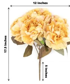 HIER_1130 2 Bushes | 17" Gold Artificial Silk Peony Flower Bouquets, Real Touch Peonies Spray Artificial Peony 19 HIER_1130 2 Bushes | 17