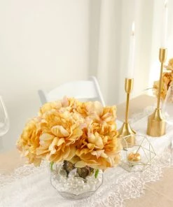 HIER_1130 2 Bushes | 17" Gold Artificial Silk Peony Flower Bouquets, Real Touch Peonies Spray Artificial Peony