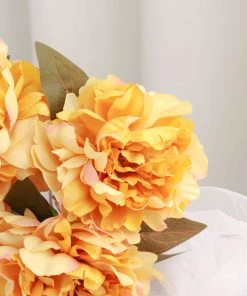 HIER_1130 2 Bushes | 17" Gold Artificial Silk Peony Flower Bouquets, Real Touch Peonies Spray Artificial Peony 28 HIER_1130 2 Bushes | 17