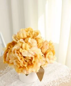 HIER_1130 2 Bushes | 17" Gold Artificial Silk Peony Flower Bouquets, Real Touch Peonies Spray Artificial Peony 33 HIER_1130 2 Bushes | 17