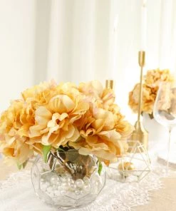 HIER_1130 2 Bushes | 17" Gold Artificial Silk Peony Flower Bouquets, Real Touch Peonies Spray Artificial Peony