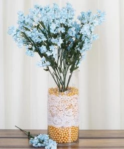 HIER_1160 12 Stems | Light Blue Artificial Silk Babys Breath Flower Bushes Spray