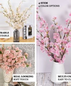 HIER_1160 4 Bushes | 40" Tall White Artificial Silk Cherry Blossom Flowers, Branches Artificial Flower & Plants 17 HIER_1160 4 Bushes | 40
