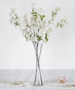 HIER_1160 4 Bushes | 40" Tall White Artificial Silk Cherry Blossom Flowers, Branches Artificial Flower & Plants