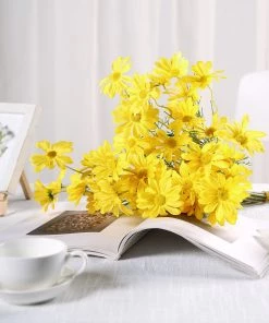 HIER_1150 Artificial Dahlia | Daisy 6 Bushes | Yellow Artificial Silk Daisy Flower Stem Bouquet Branches