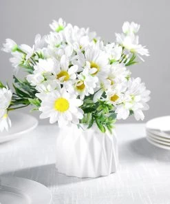 HIER_1150 Chargers & Centerpieces 4 Bushes | 11" White Artificial Silk Daisy Flower Bouquet Branches