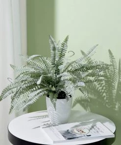 HIER_1600 2 Stems | Frosted Green Artificial Boston Fern Leaf Plant Indoor Spray Artificial Flower & Plants